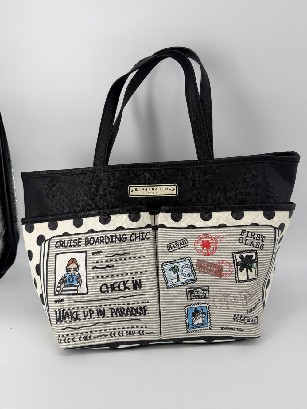Barbara Rihl Paris "Cruise Boarding Chic" Tote Bag Polka Dot Travel Stamps